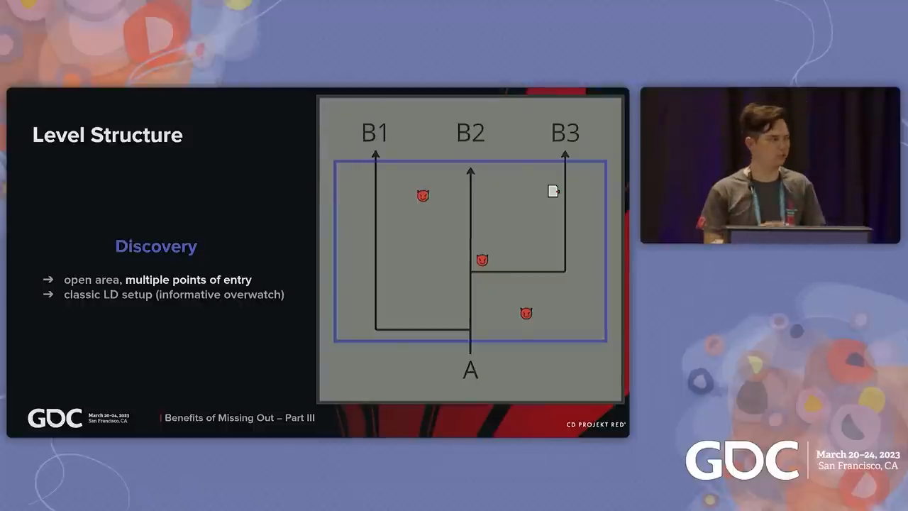 Level Structure — Discovery beat: open area, multiple points of entry, classic LD setup with informative overwatch