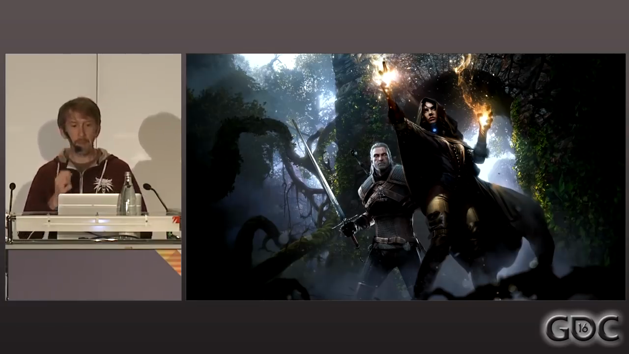 Matthew Steinke presenting at GDC Europe 2016 with Witcher 3 key art